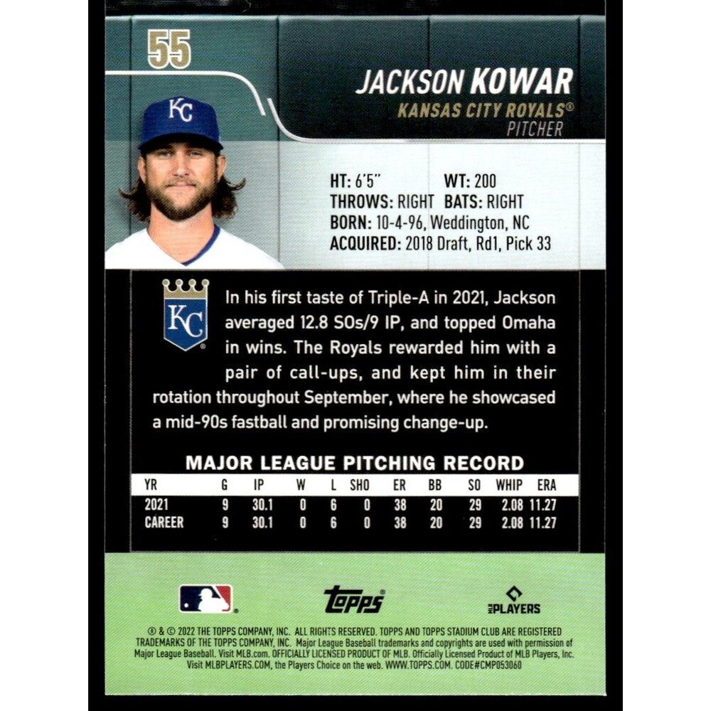 2022 Stadium Club Jackson Kowar RC Kansas City Royals #55 - Picture 2 of 2